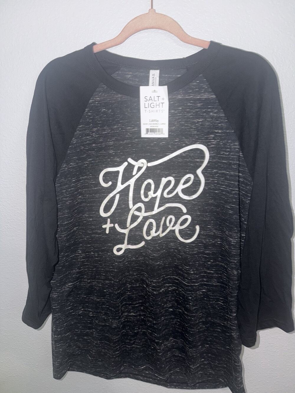 Hope and Love Baseball T-Shirt, Black Marble, Adult Large (AM17)